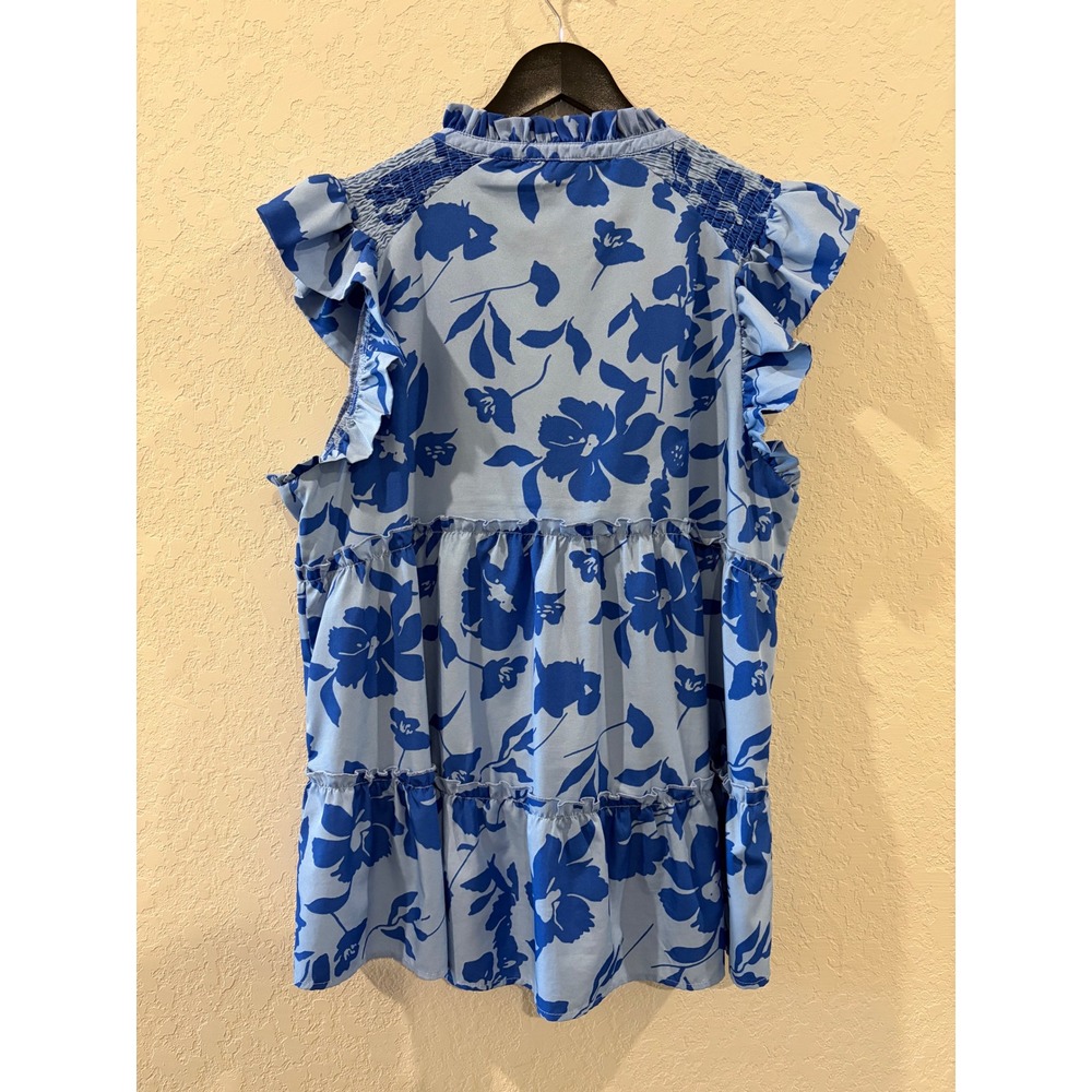 Umgee Floral Tiered Ruffle Sleeveless Blouse Blue XL Smocked V-Neck Top - Picture 5 of 7
